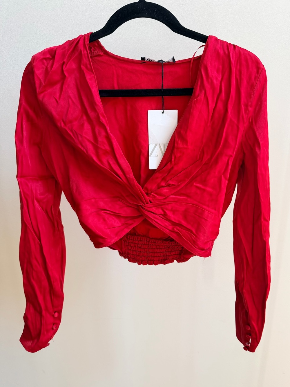 NWT Zara twist-front cropped long-sleeve blouse cherry red Sz S